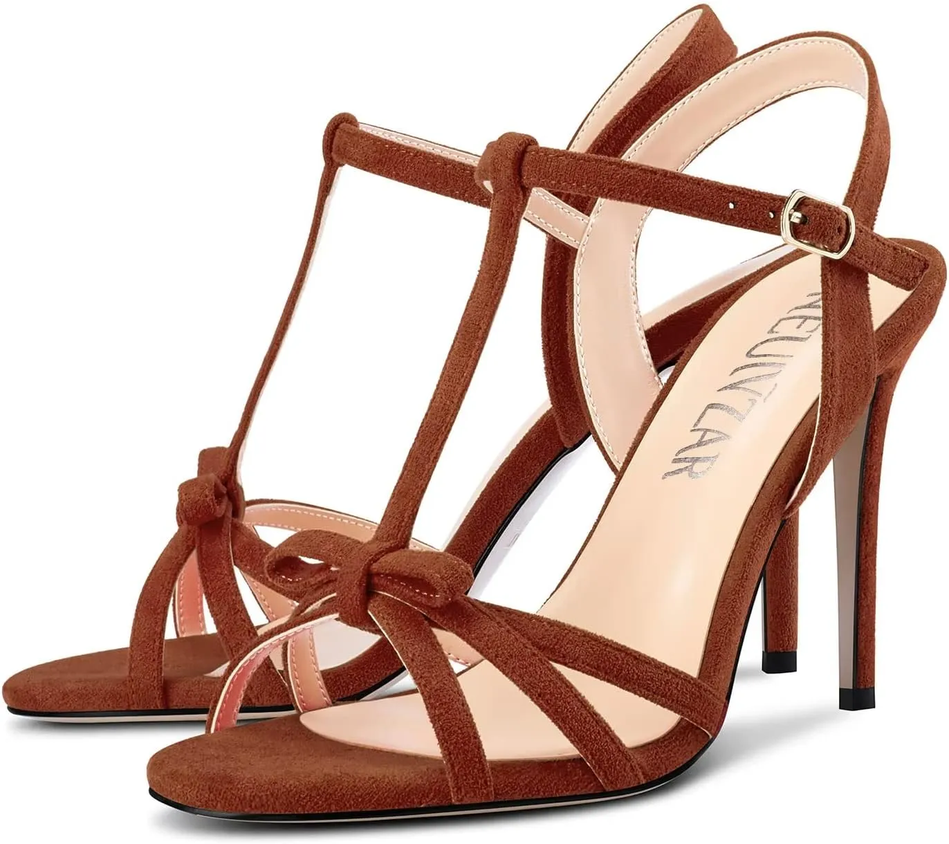 HEUIVZAR Women Stiletto High Heel Peep Open Toe Pumps T-Strap Buckle Bow-Knot Wedding Dress 3.9 Inches Heels