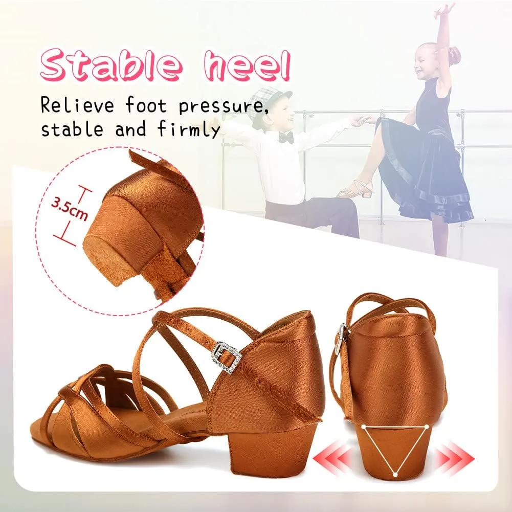 HIPPOSEUS Girls Latin Dance Shoes Silk Satin Ballroom Salsa Dance Practice Performance Shoes Suede Sole
