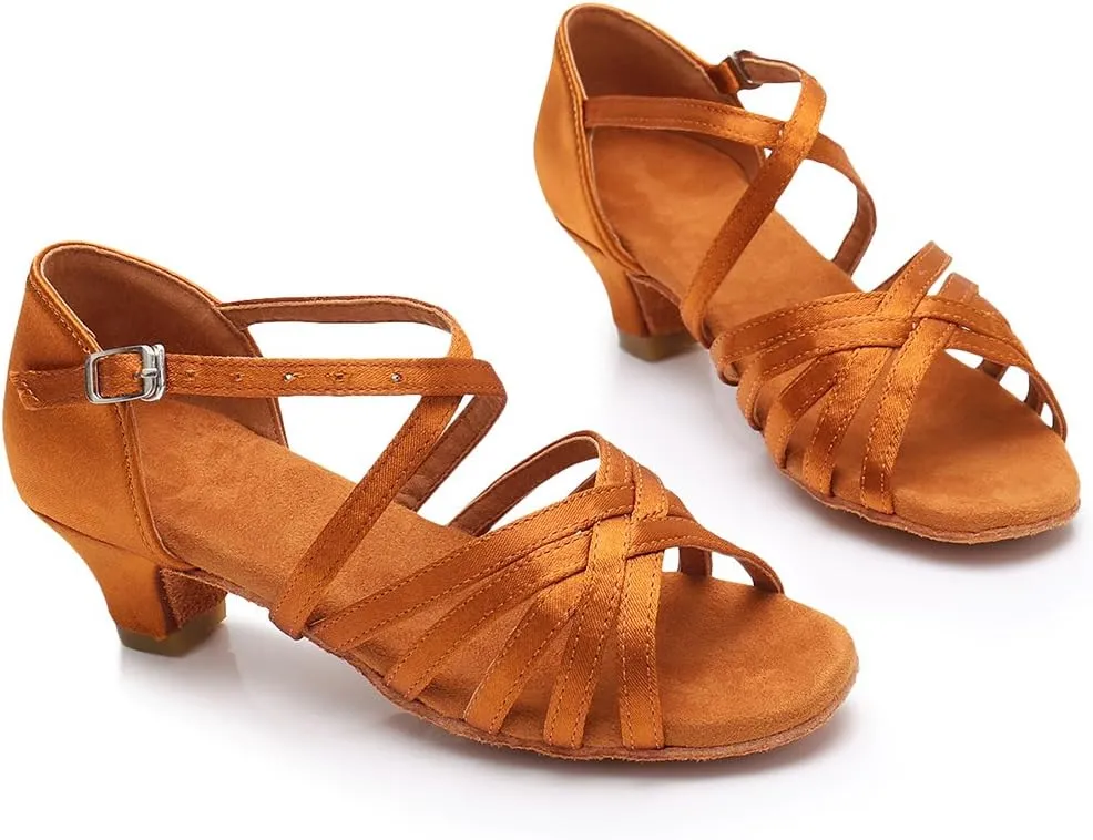 HIPPOSEUS Girls' Standard Latin Dance Shoes Open Toe Ballroom Dance Shoes Low Heel,Model WHXGG