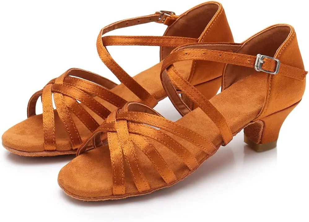 HIPPOSEUS Girls' Standard Latin Dance Shoes Open Toe Ballroom Dance Shoes Low Heel,Model WHXGG