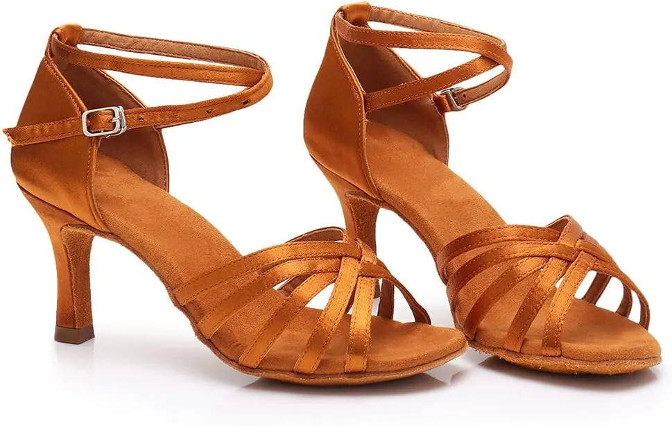 HIPPOSEUS Women's Open Toe Latin Dance Shoes Ankle Strap Ballroom Salsa Bachata Dancing Shoes Suede Outsole