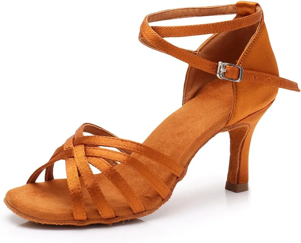 HIPPOSEUS Women's Open Toe Latin Dance Shoes Ankle Strap Ballroom Salsa Bachata Dancing Shoes Suede Outsole