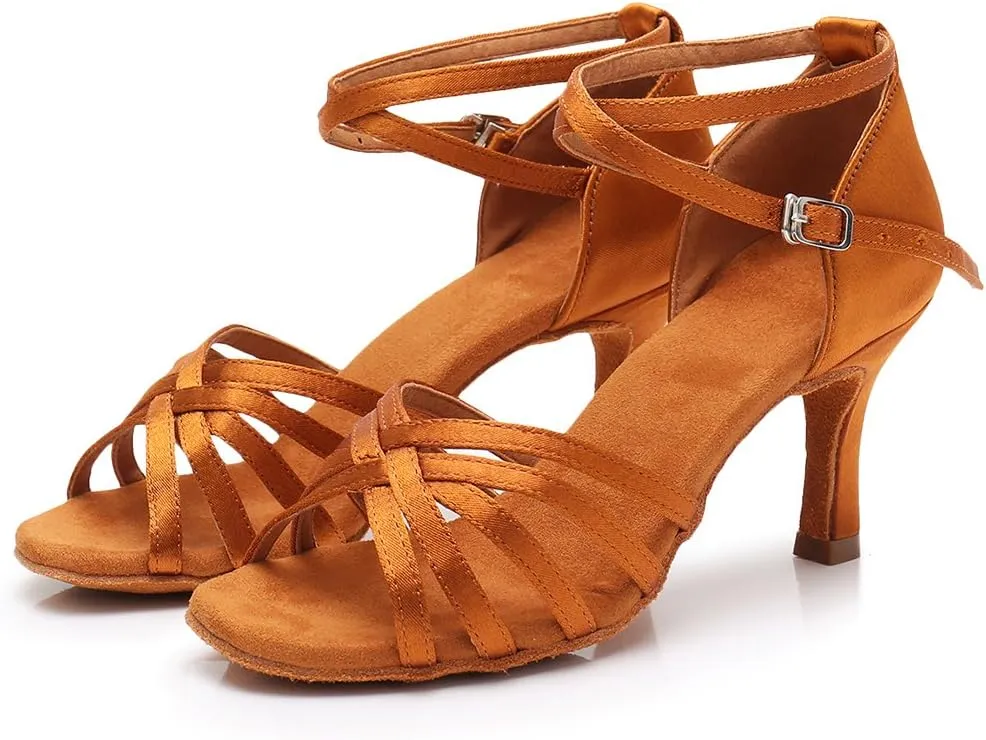 HIPPOSEUS Women's Open Toe Latin Dance Shoes Ankle Strap Ballroom Salsa Bachata Dancing Shoes Suede Outsole