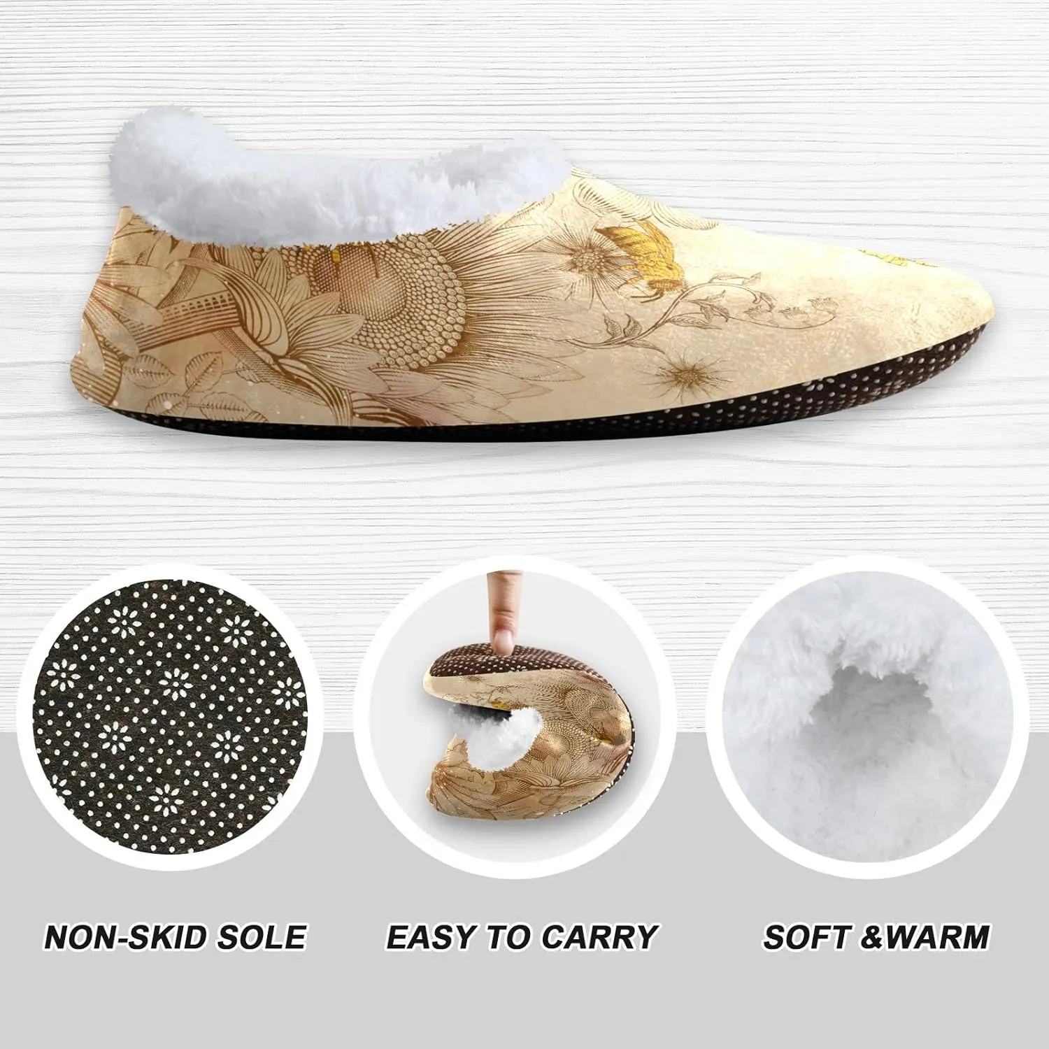 Honey Bees Wildflowers Home Slippers Retro Style Sunflowers Spa Travel House Slipper Soft Memory Foam Slipper Non Slip for Women Men Hotel Bedroom Shoes Slippers M