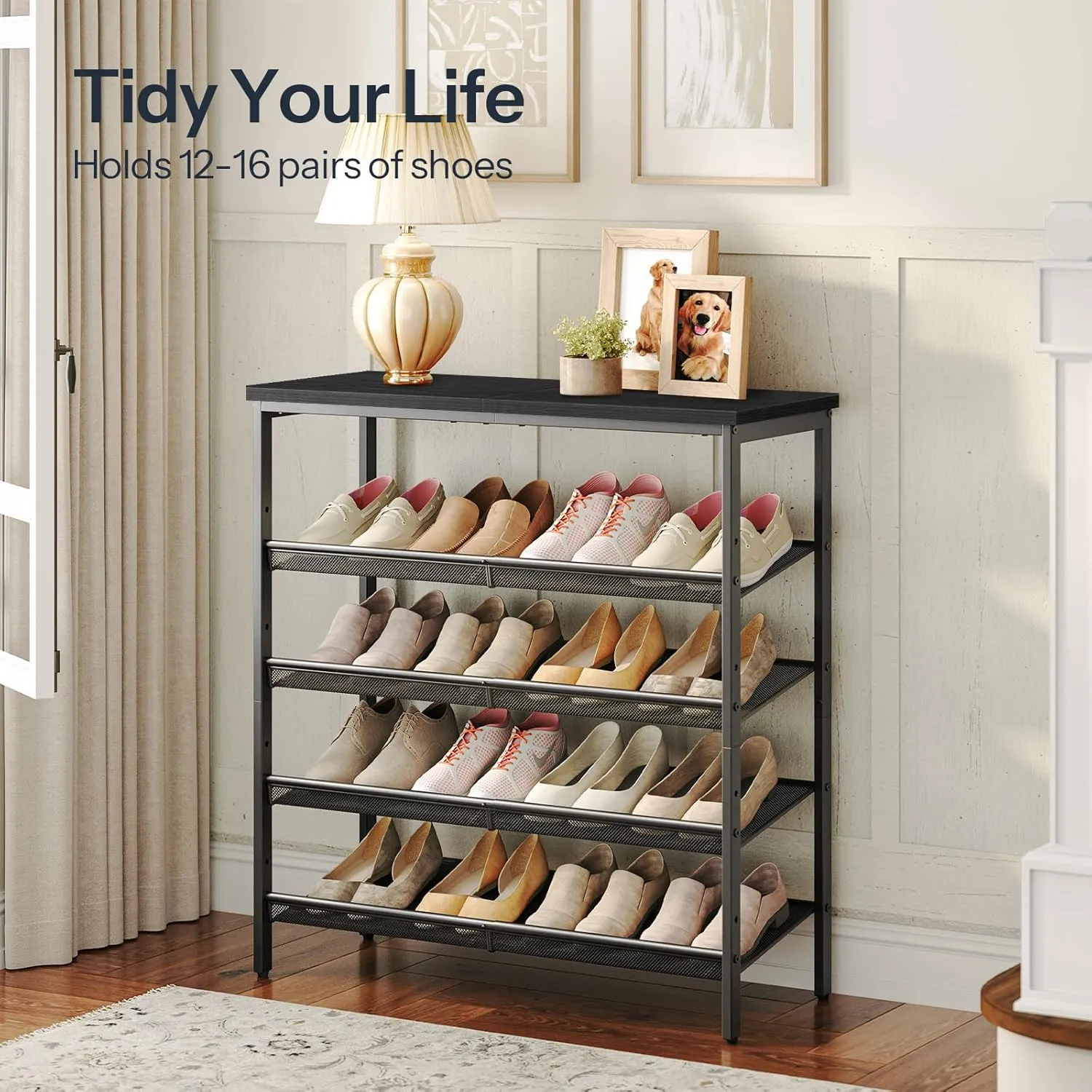HOOBRO Shoe Rack for Entryway, 5-Tier Organizer with Adjustable Mesh Shelves, 16-20 Pairs, Spacious Floor Mount, Metal, Industrial, Closet Shoe Shelf, Black BB12XJ01