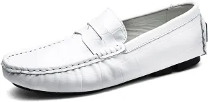 HOOENG Driving Moccasins for Men Round Toe Faux Crocodile Leather Penny Loafer Soft Comfortable Flexible Flat Heel Driving Slip on (Color : White, Size : 7.5 M US)