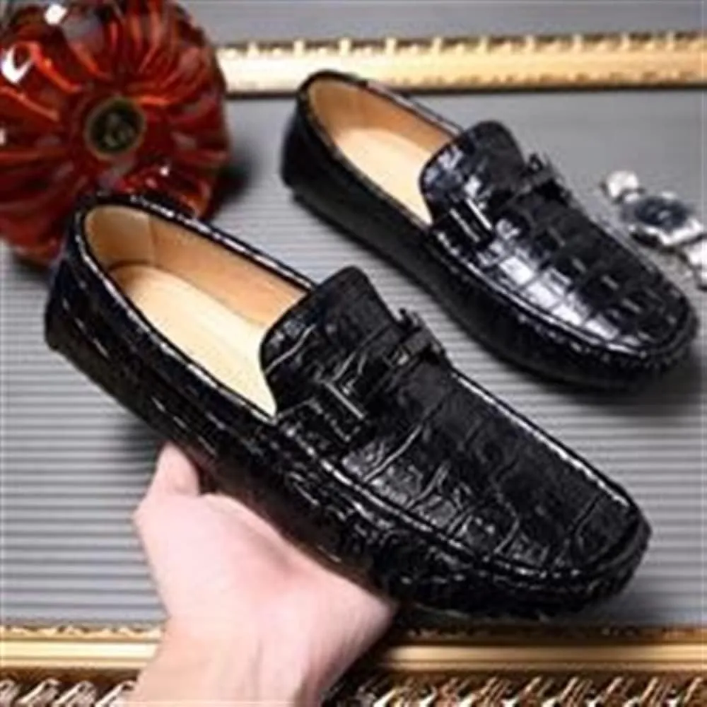 HOOENG Men's Loafers Crocodile Print PU Leather Moccasins Shoes Flexible Comfortable Anti-Slip Fashion Wedding Slip-ons