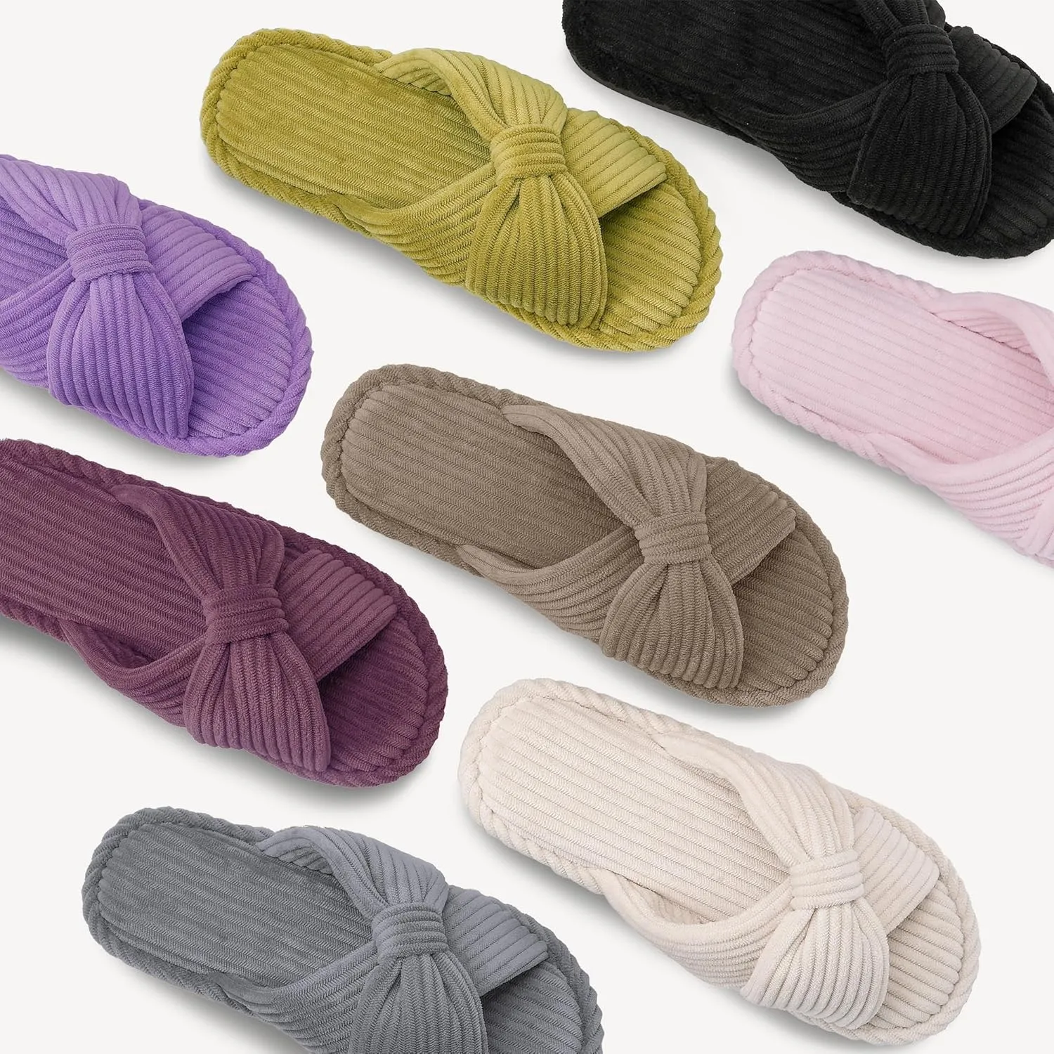 IPSAE Summer House Slippers for Woman Memory Foam Open Toe Slippers Corduroy Cross Bow Womens Slipper Slides Comfy Indoor Bedroom Slip On Shoes
