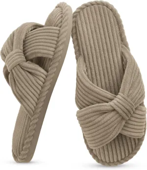 IPSAE Summer House Slippers for Woman Memory Foam Open Toe Slippers Corduroy Cross Bow Womens Slipper Slides Comfy Indoor Bedroom Slip On Shoes