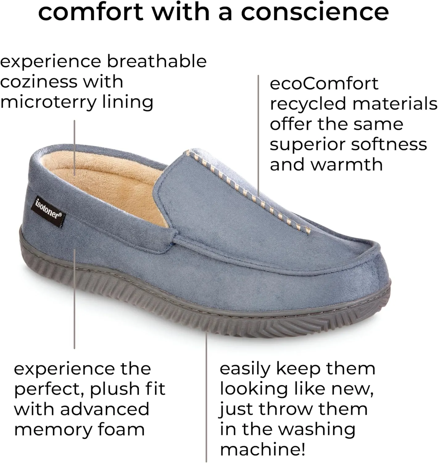 isotoner Men's Liam Microsuede Moccasin Slipper with Memory Foam, Microterry Lining, Versatile Sole