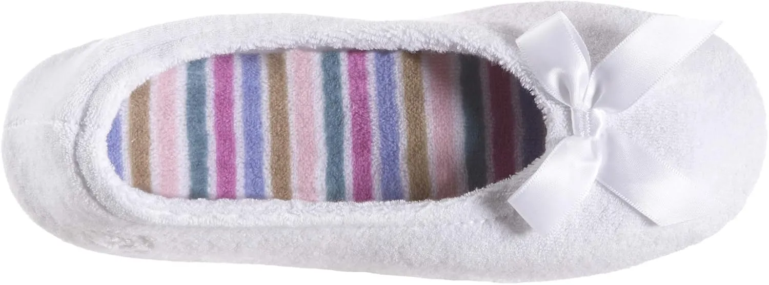 Isotoner Women’s Classic Terry Ballerina Slipper: Soft, Breathable, Terry Lined, Satin Bow, Secure Fit