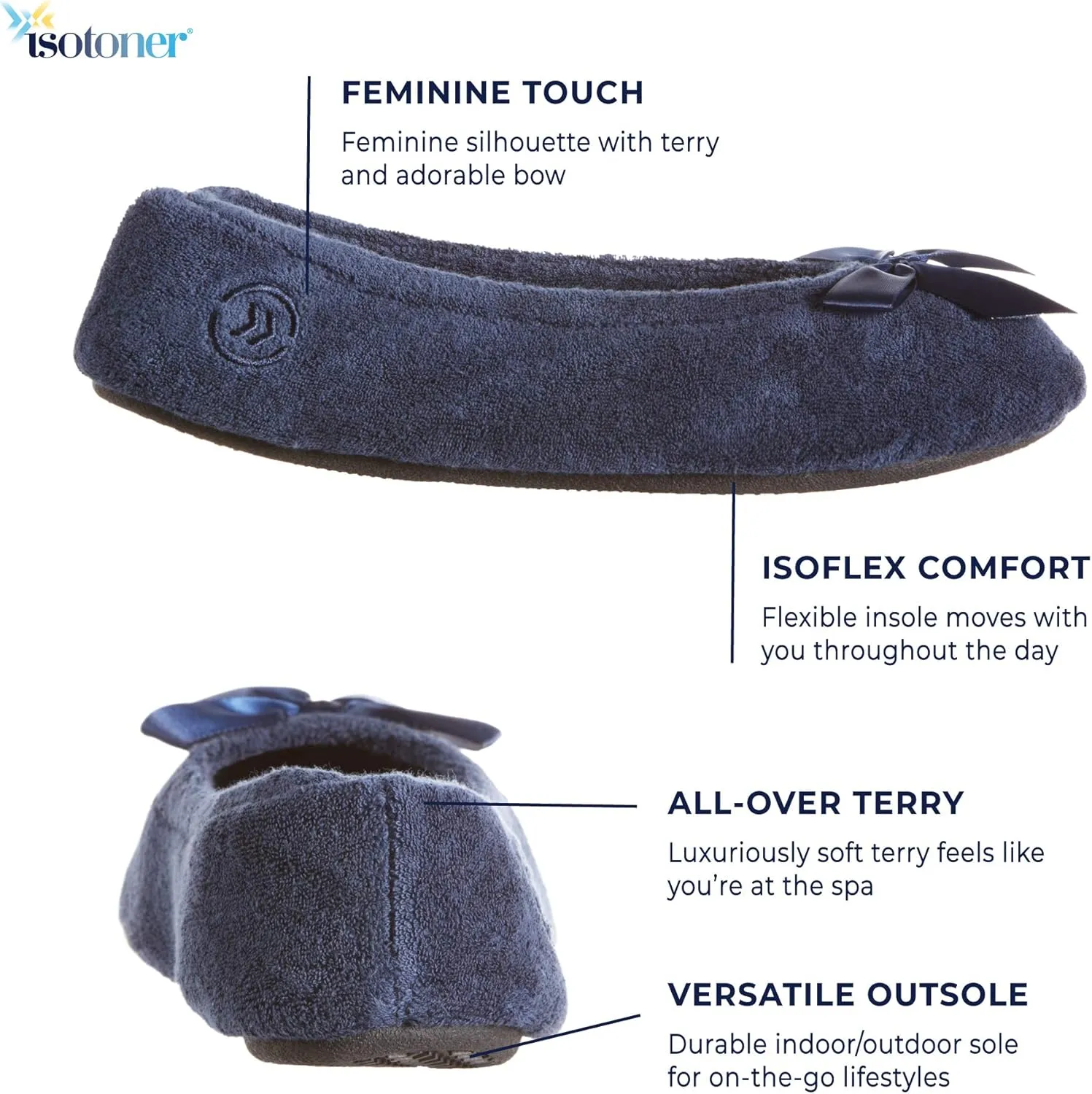 Isotoner Women’s Classic Terry Ballerina Slipper: Soft, Breathable, Terry Lined, Satin Bow, Secure Fit