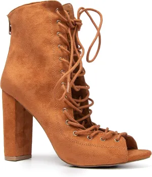 J. Adams Lace Up Peep Toe Chunky Heel - Trendy Wood Block Heel Bootie - Open Toe Boot - Corrine