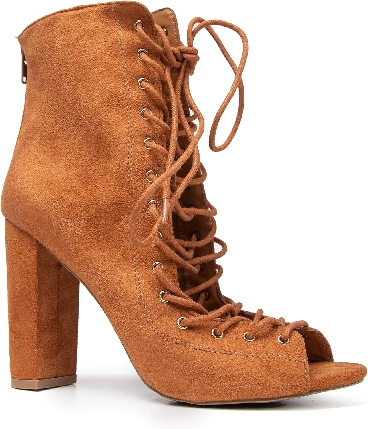 J. Adams Lace Up Peep Toe Chunky Heel - Trendy Wood Block Heel Bootie - Open Toe Boot - Corrine