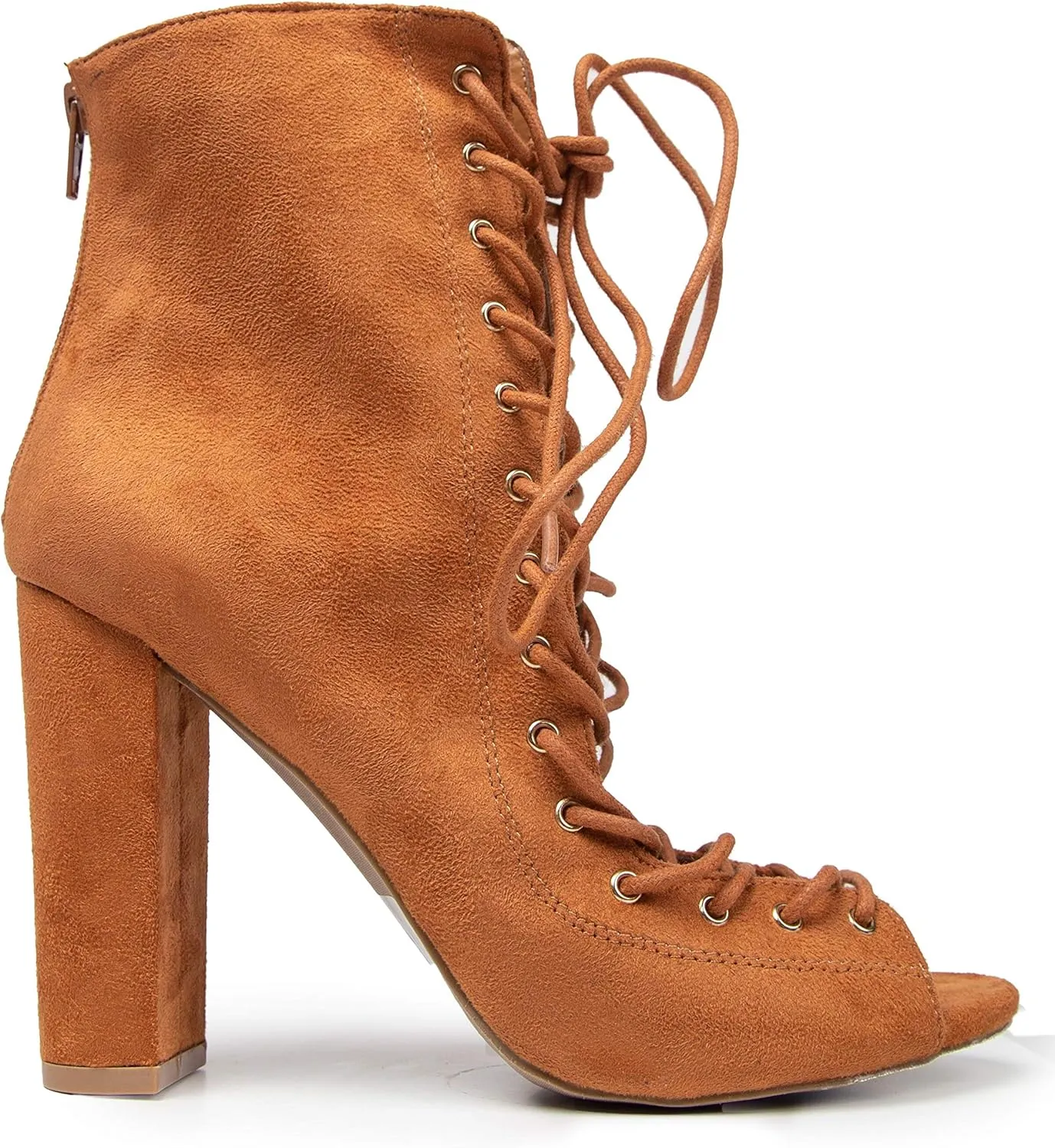 J. Adams Lace Up Peep Toe Chunky Heel - Trendy Wood Block Heel Bootie - Open Toe Boot - Corrine