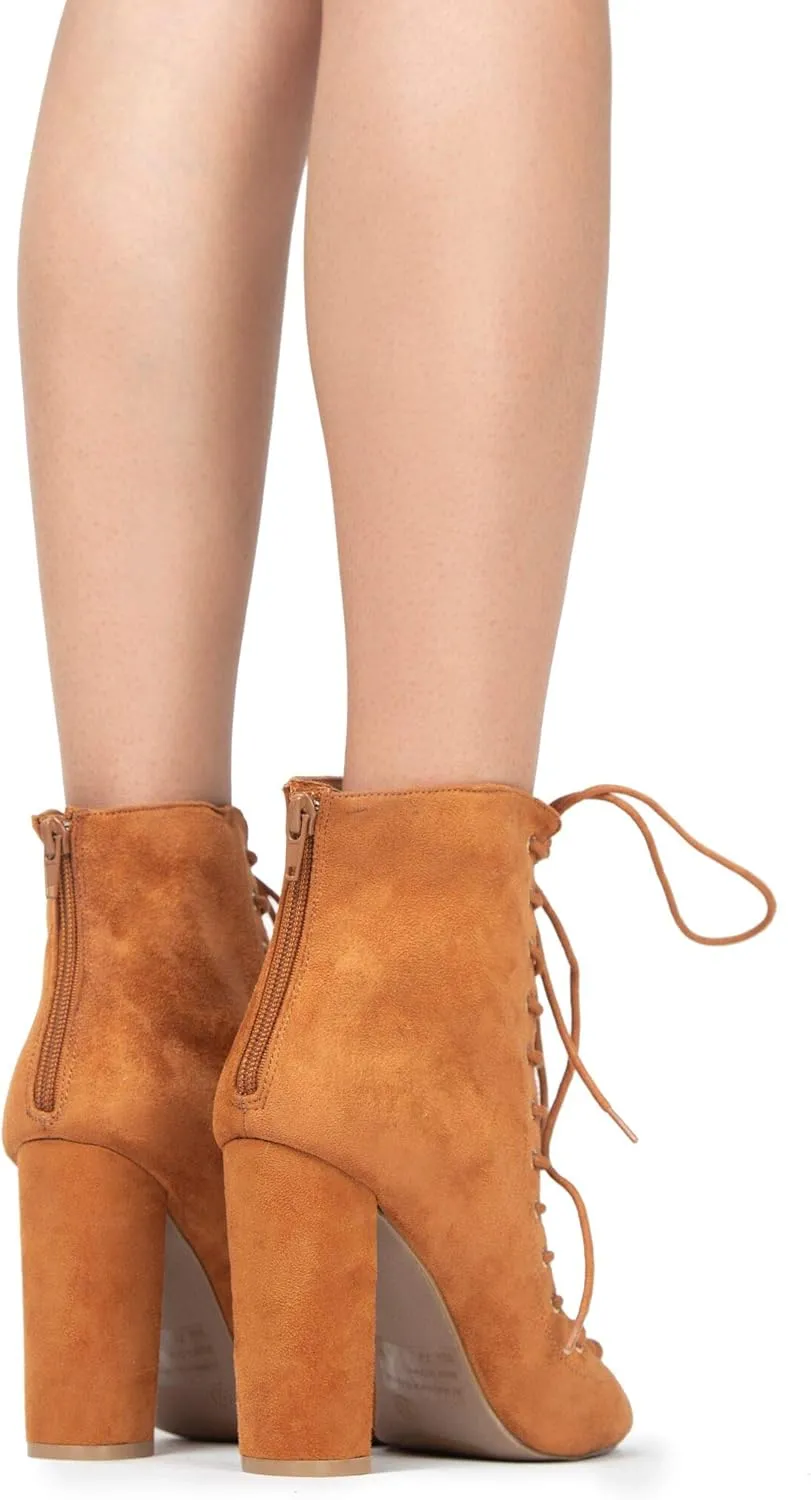 J. Adams Lace Up Peep Toe Chunky Heel - Trendy Wood Block Heel Bootie - Open Toe Boot - Corrine