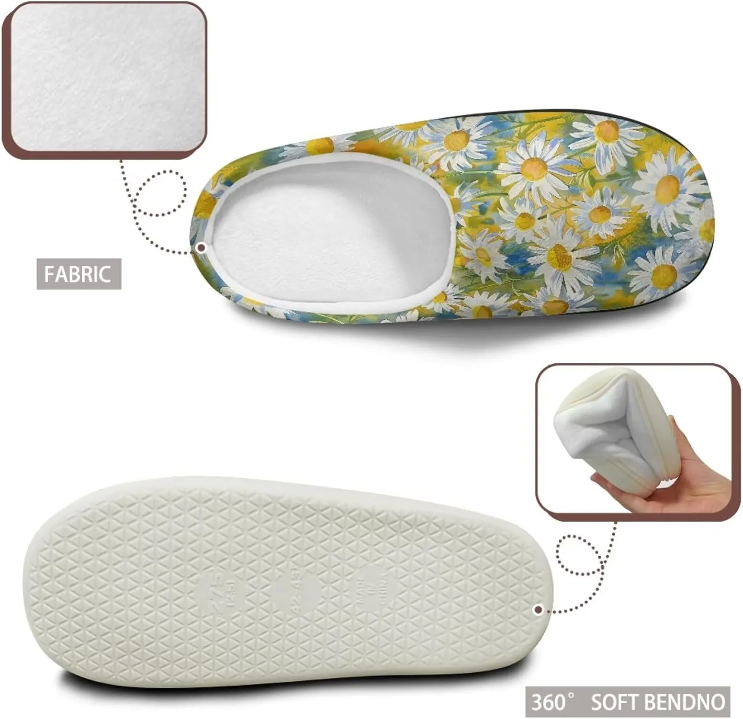 Jeiento Women's Indoor Bedroom Slipper Daisy Floral Soft Non Slip Closed Toe House Slippers
