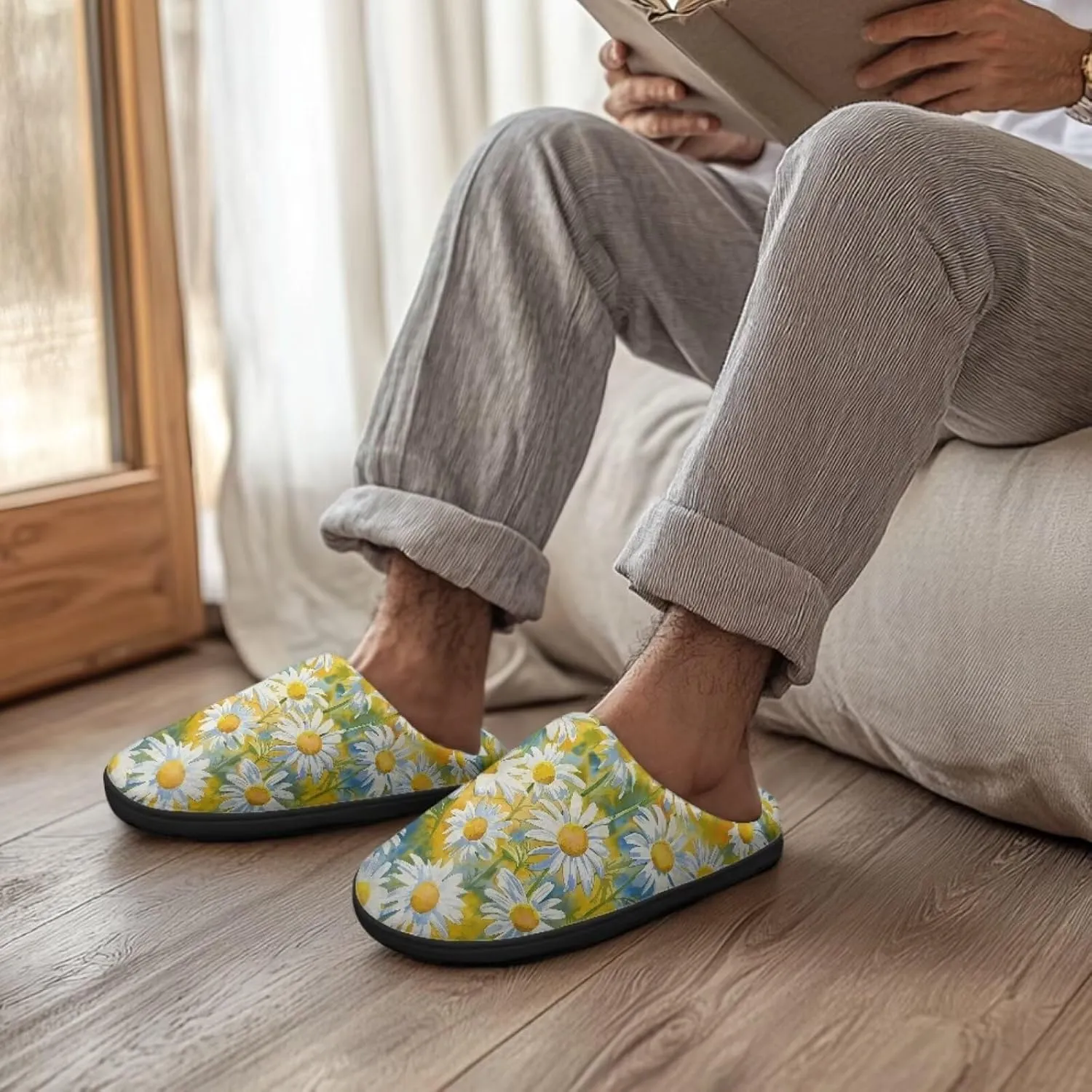 Jeiento Women's Indoor Bedroom Slipper Daisy Floral Soft Non Slip Closed Toe House Slippers