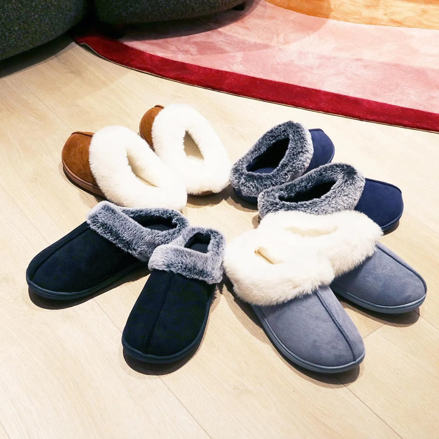 Jerzmy Fuzzy Slippers for Women, Memory Foam Cushion Womens House Slippers Suede Fluffy Faux Fur Lining Comfy Home Shoes for Indoor Outdoor Bedroom Garden Winter