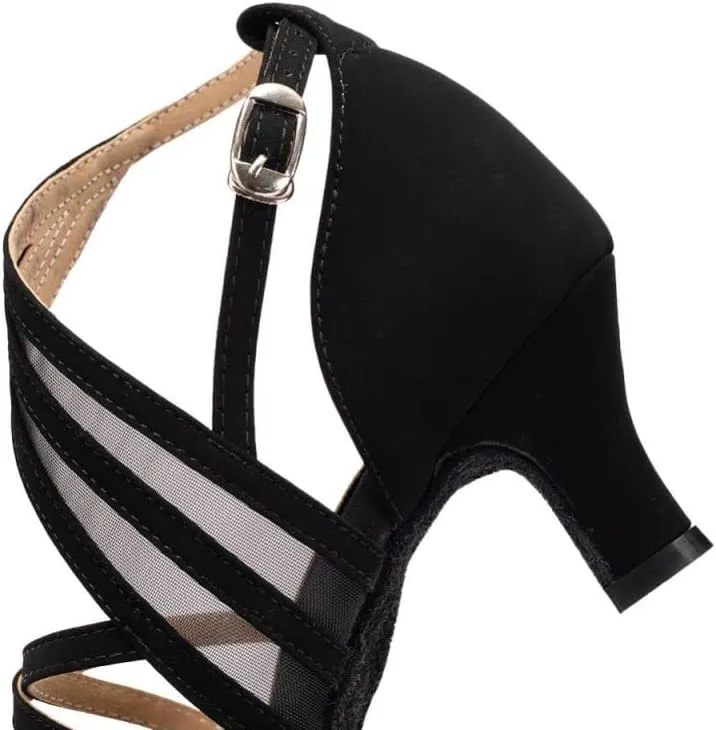 JUODVMP Women's Mesh Stitched Ultrasuede Open Toe Slanted Ankle Strap Ballroom Latin Salsa Performence Shoes Model FT027