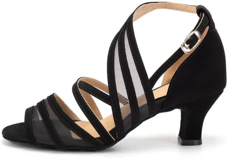 JUODVMP Women's Mesh Stitched Ultrasuede Open Toe Slanted Ankle Strap Ballroom Latin Salsa Performence Shoes Model FT027