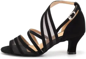 JUODVMP Women's Mesh Stitched Ultrasuede Open Toe Slanted Ankle Strap Ballroom Latin Salsa Performence Shoes Model FT027