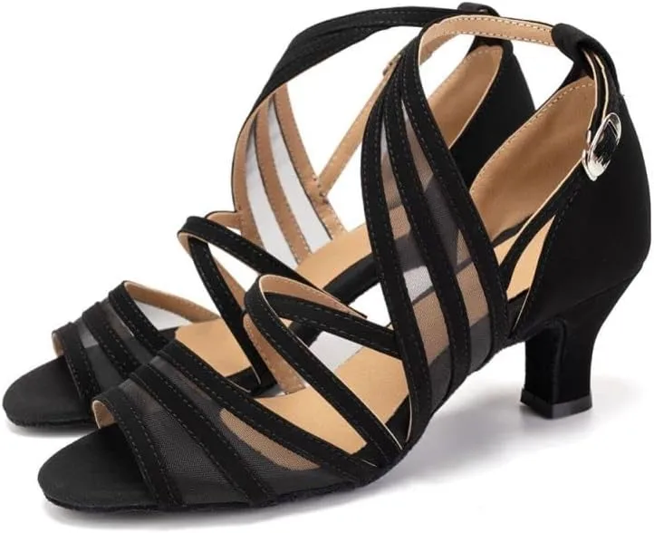 JUODVMP Women's Mesh Stitched Ultrasuede Open Toe Slanted Ankle Strap Ballroom Latin Salsa Performence Shoes Model FT027