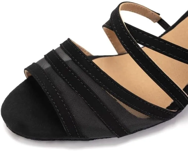 JUODVMP Women's Mesh Stitched Ultrasuede Open Toe Slanted Ankle Strap Ballroom Latin Salsa Performence Shoes Model FT027