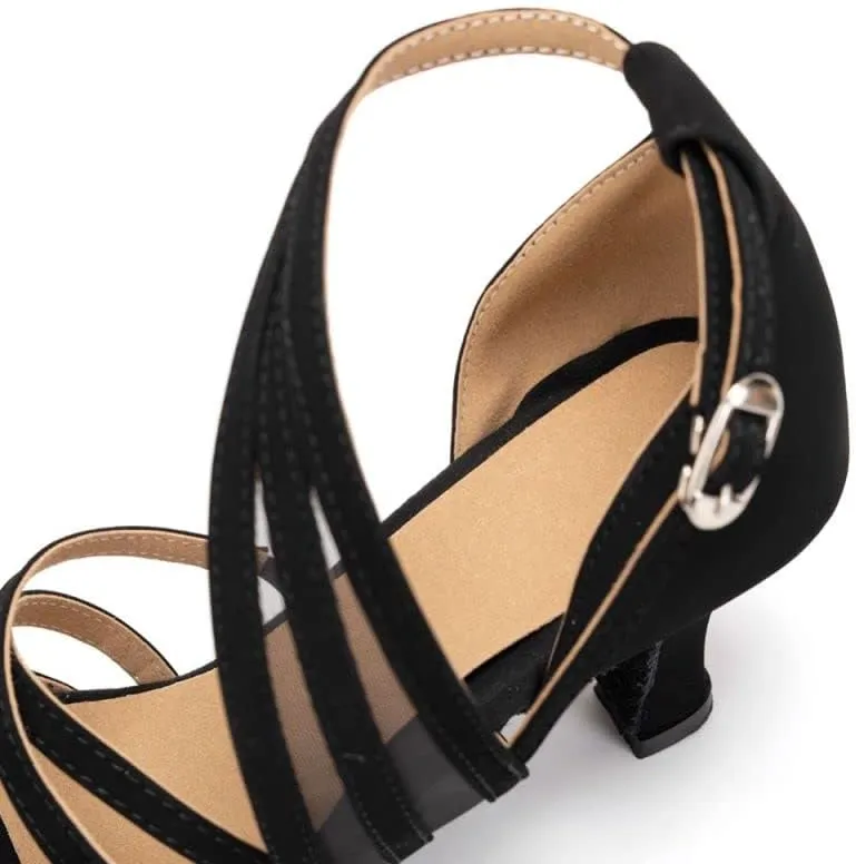 JUODVMP Women's Mesh Stitched Ultrasuede Open Toe Slanted Ankle Strap Ballroom Latin Salsa Performence Shoes Model FT027