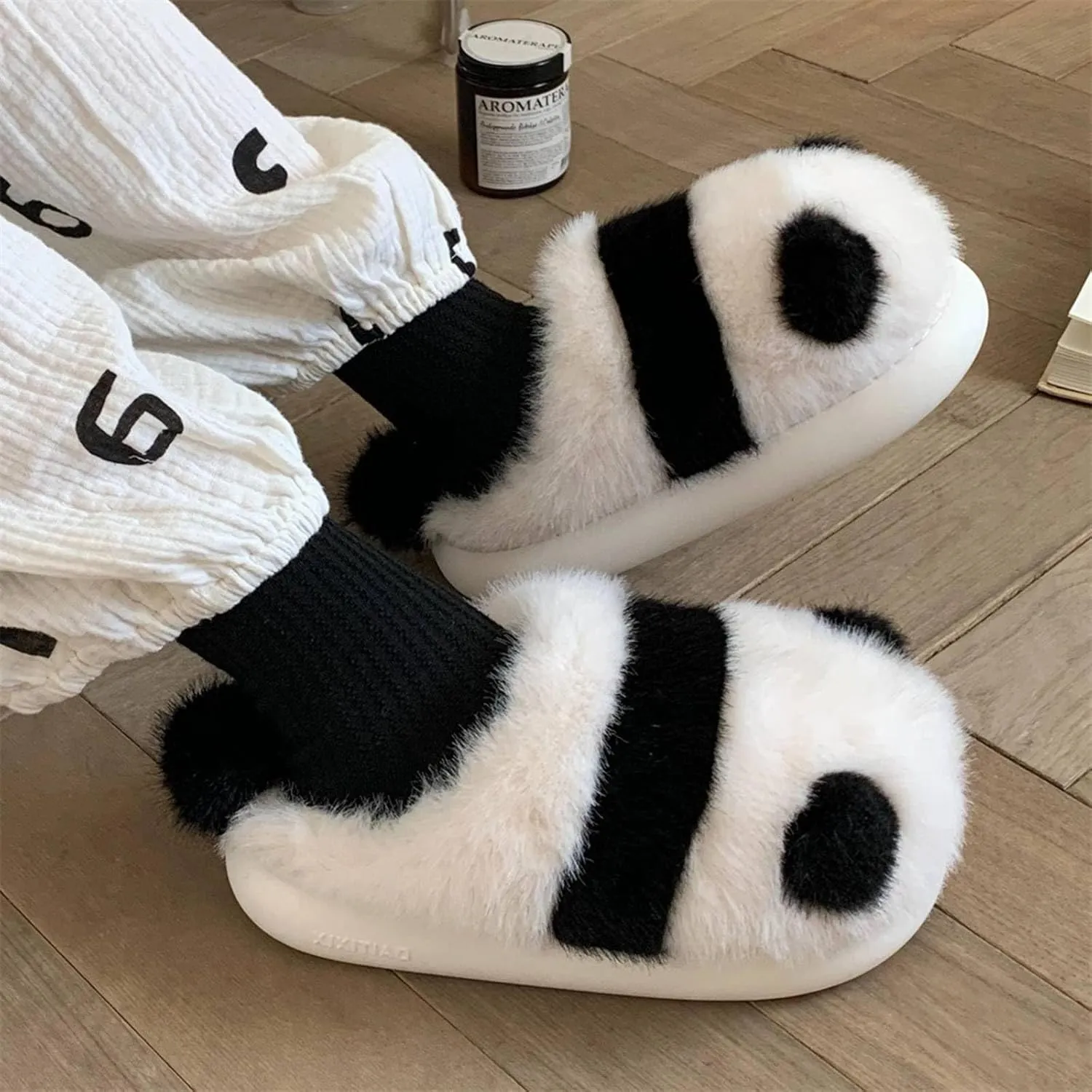 KazUp Soft and Adorable Panda Shape Slippers Winter Warm Plush Thick Bottom Soft Closed-Toe Slippers