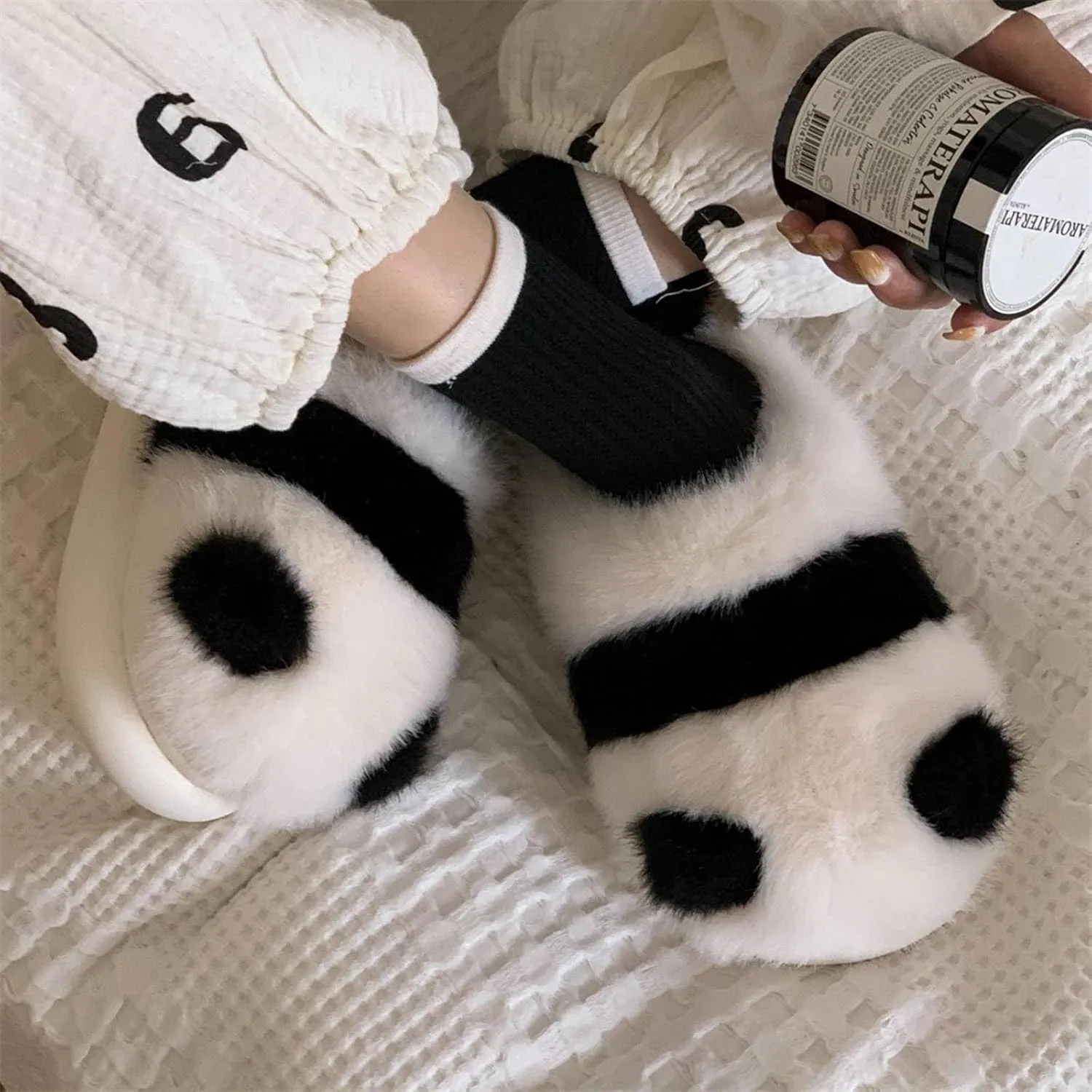 KazUp Soft and Adorable Panda Shape Slippers Winter Warm Plush Thick Bottom Soft Closed-Toe Slippers