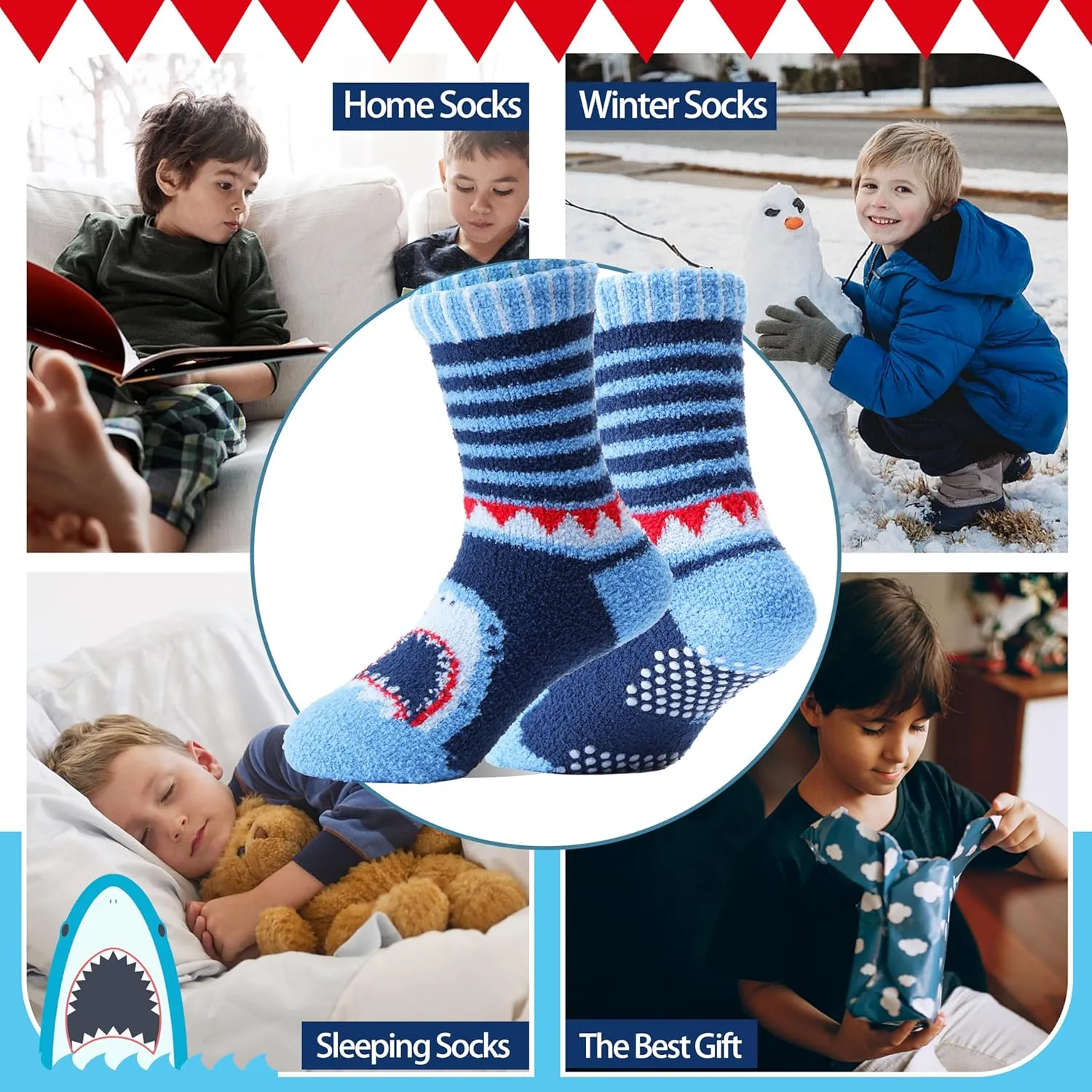 Kids Boys Toddlers Fuzzy Slipper Socks with Grips Non Slip Warm Fluffy Winter Thick Fun Cozy Hospital Socks 6 Pairs