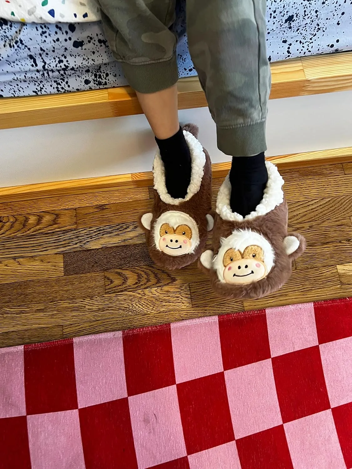 Kids Funny Animal Slippers, Novelty Fluffy Sherpa Indoor House Shoes for Girls & Boys, Size 1-4