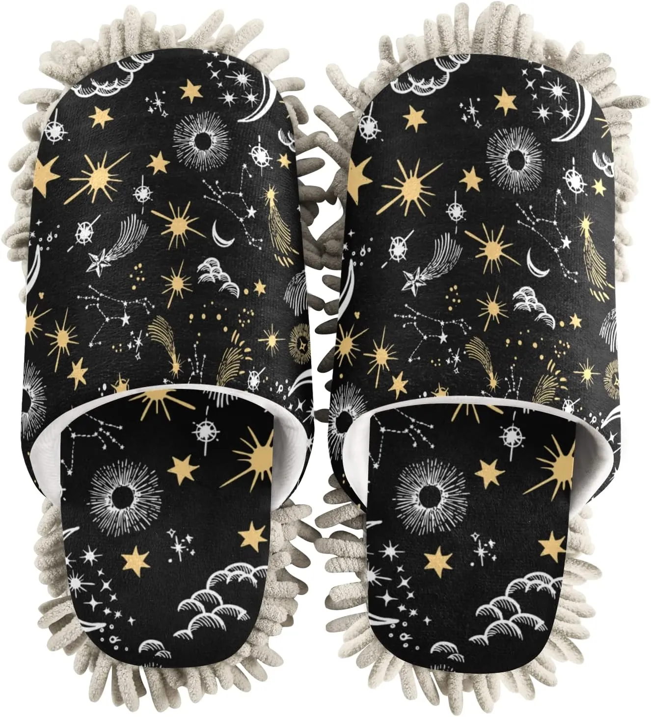 Kigai Microfiber Cleaning Slippers Yellow Stars and White Moon Washable Mop Shoes Slipper for Men/Women House Floor Dust Cleaner, Size M