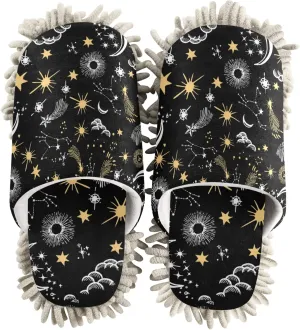 Kigai Microfiber Cleaning Slippers Yellow Stars and White Moon Washable Mop Shoes Slipper for Men/Women House Floor Dust Cleaner, Size M