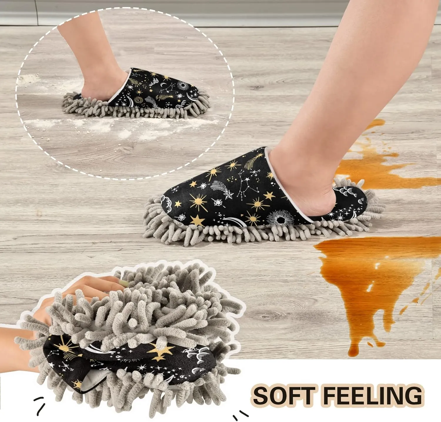 Kigai Microfiber Cleaning Slippers Yellow Stars and White Moon Washable Mop Shoes Slipper for Men/Women House Floor Dust Cleaner, Size M