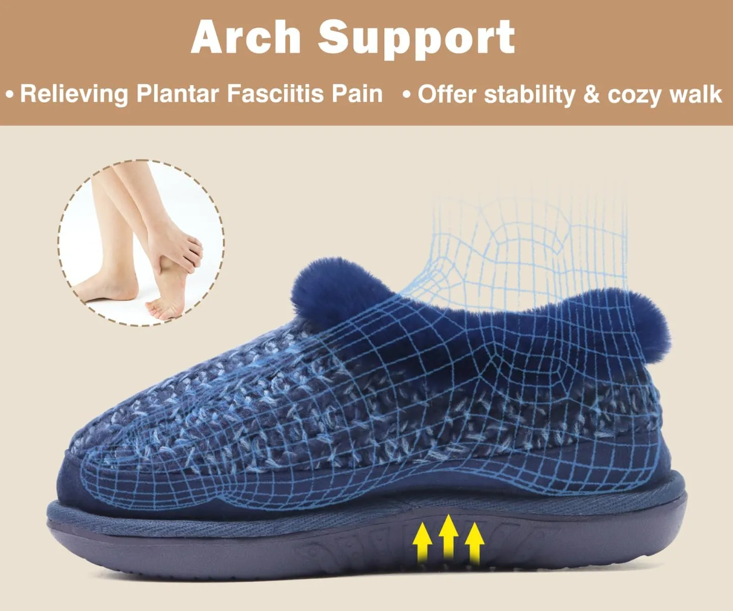 KuaiLu House Slippers for Women Comfortable Memory Foam Plaid Slipper Ladies Warm Fuzzy Plush Fur Lined Winter Home Shoes Orthotic Plantar Fasciitis Arch Support Indoor Outdoor