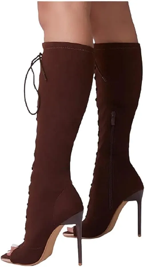 Lace up Stiletto Heel Knee High Boots For Women