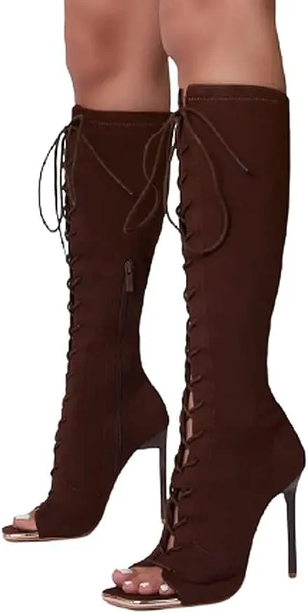 Lace up Stiletto Heel Knee High Boots For Women
