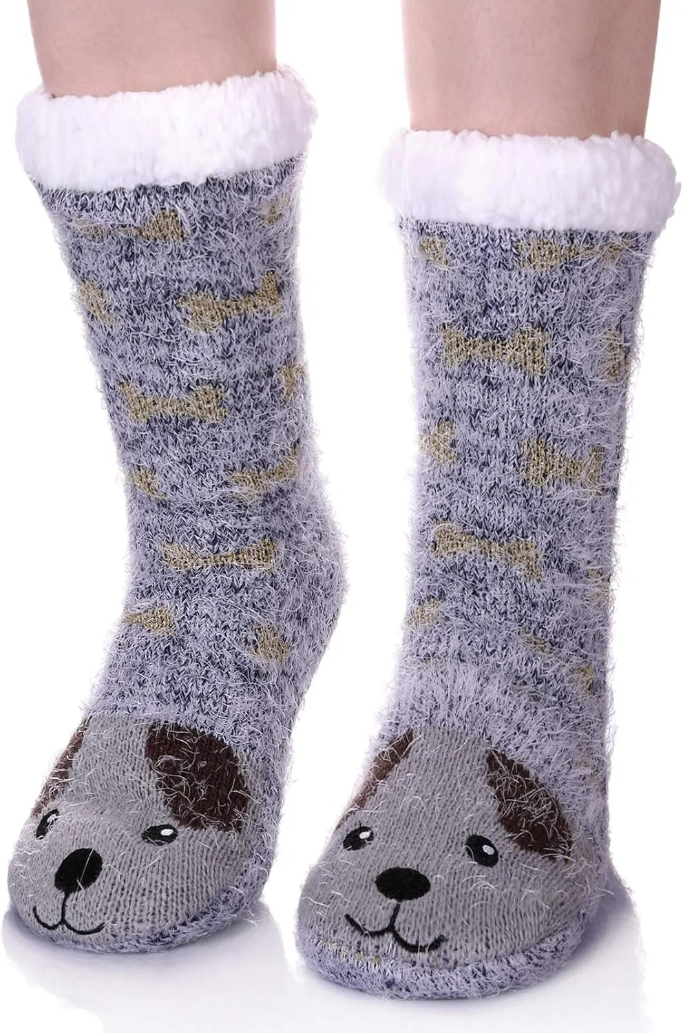 LANLEO Fuzzy Slipper Socks For Women with Grippers Winter Warm Thick Plush Fleece Lining Non Slip Animal Home Socks
