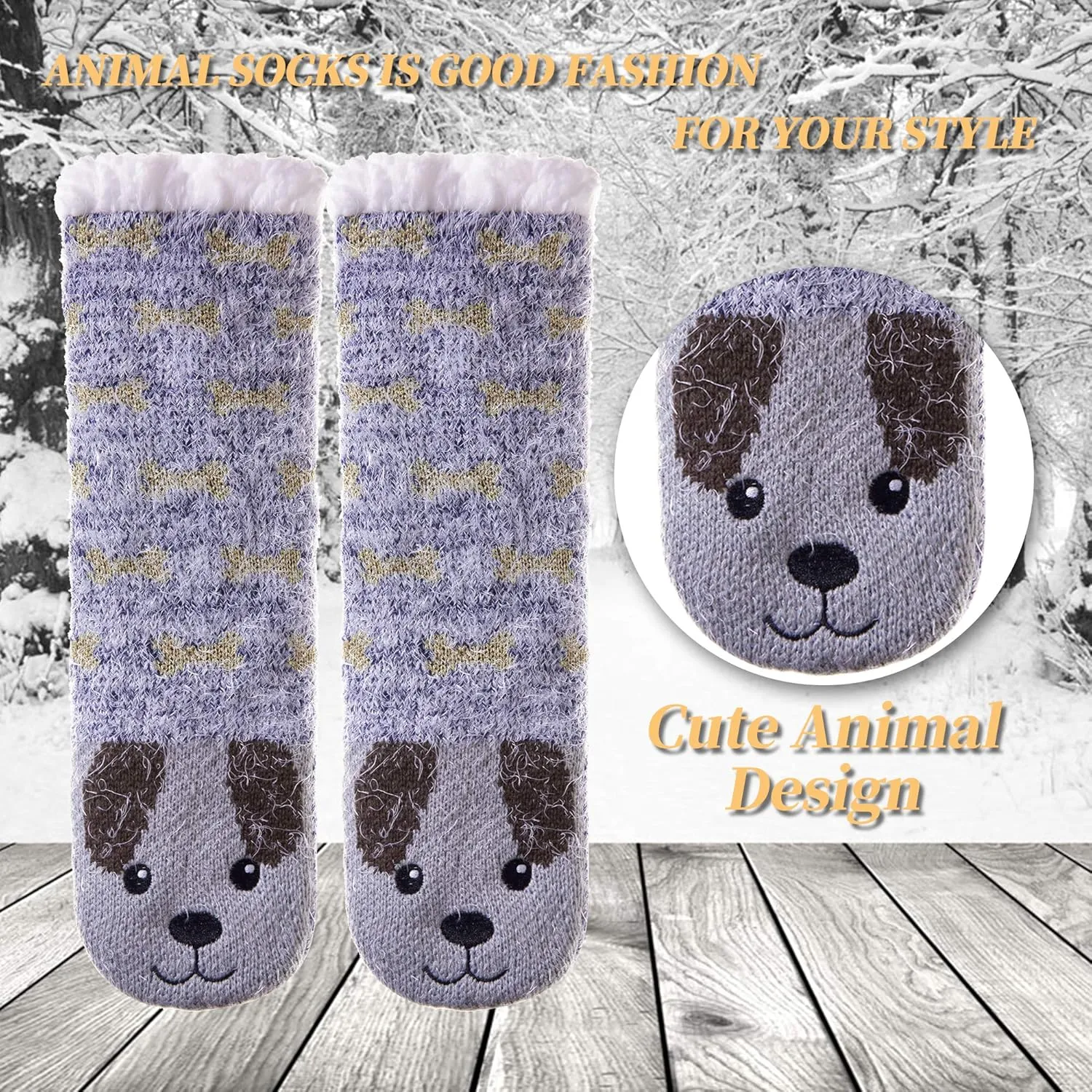 LANLEO Fuzzy Slipper Socks For Women with Grippers Winter Warm Thick Plush Fleece Lining Non Slip Animal Home Socks