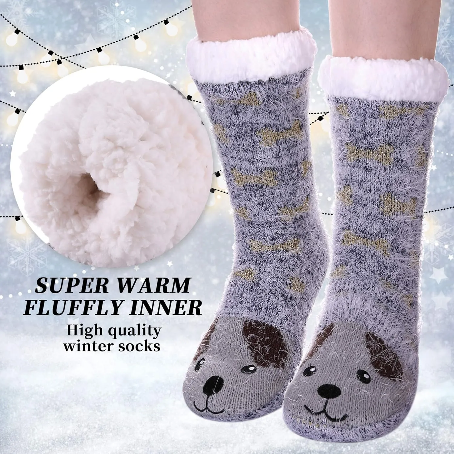 LANLEO Fuzzy Slipper Socks For Women with Grippers Winter Warm Thick Plush Fleece Lining Non Slip Animal Home Socks
