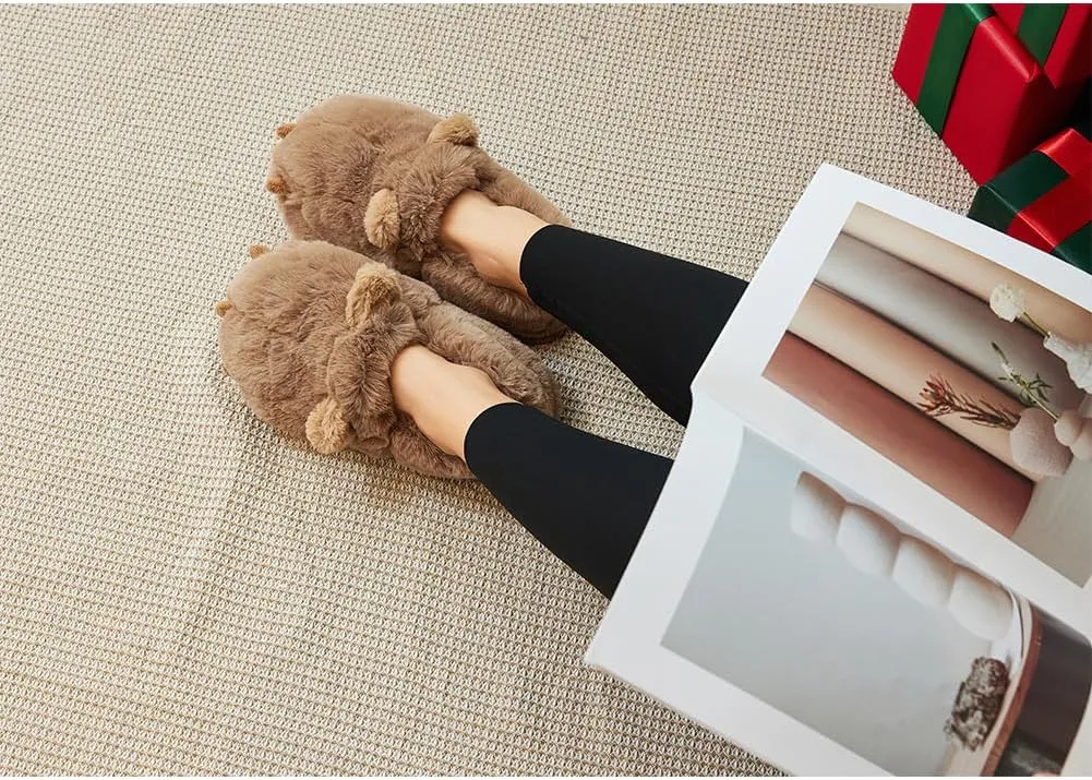 LEMZONE Fuzzy Animal Slippers for Women Cute Warm Furry Bear Paw Funny House Slippers with Non-skid Bottoms