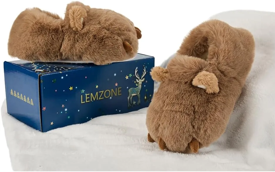 LEMZONE Fuzzy Animal Slippers for Women Cute Warm Furry Bear Paw Funny House Slippers with Non-skid Bottoms