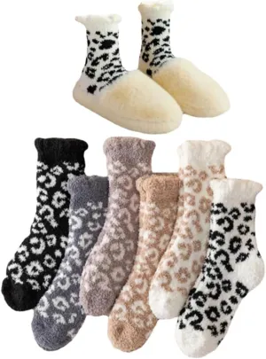 Leopard Fuzzy Socks - 6 Pairs Plush Colorful Women's Comfy Cozy Warm Home Slipper Socks for Winter Indoor