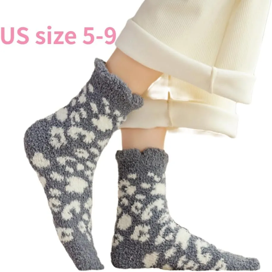 Leopard Fuzzy Socks - 6 Pairs Plush Colorful Women's Comfy Cozy Warm Home Slipper Socks for Winter Indoor