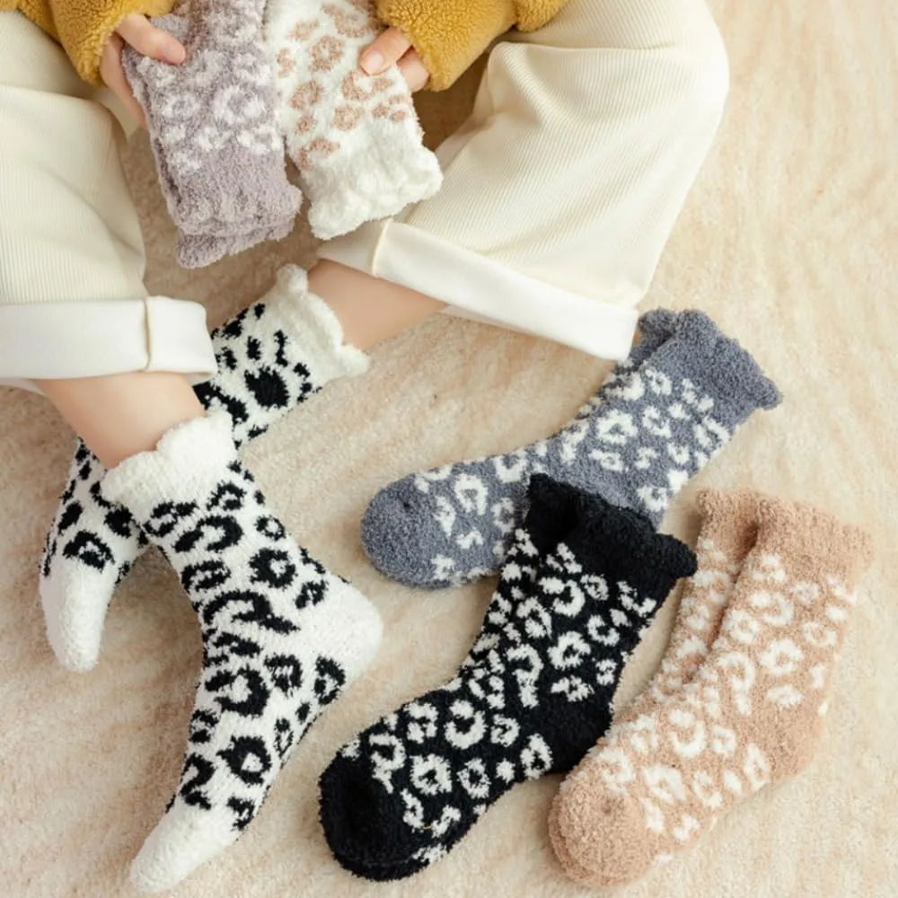 Leopard Fuzzy Socks - 6 Pairs Plush Colorful Women's Comfy Cozy Warm Home Slipper Socks for Winter Indoor