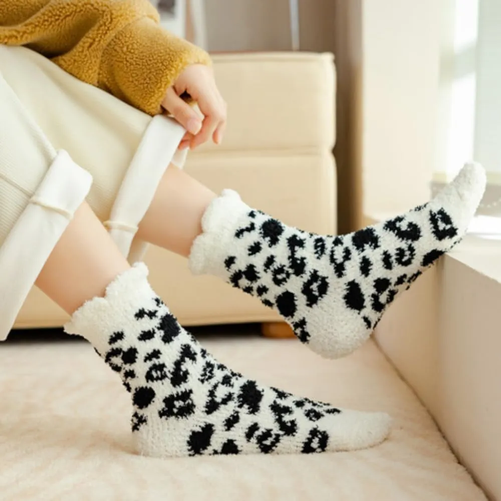 Leopard Fuzzy Socks - 6 Pairs Plush Colorful Women's Comfy Cozy Warm Home Slipper Socks for Winter Indoor