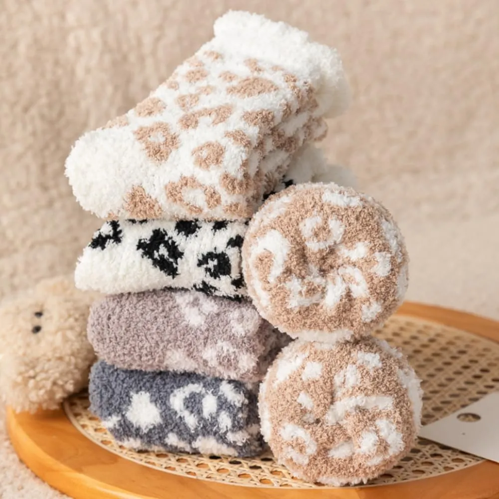 Leopard Fuzzy Socks - 6 Pairs Plush Colorful Women's Comfy Cozy Warm Home Slipper Socks for Winter Indoor