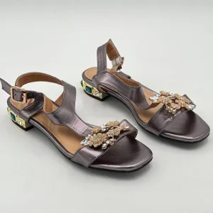 Light Grey Open Toe T Strap Crystal Chunky Heels Ankle Strap Sandal Bridal Shoes